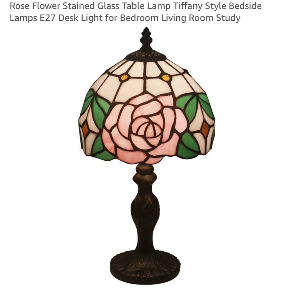 Stained Glass Tiffany Lamp - Pink Rose Design - Picture 2 of 3